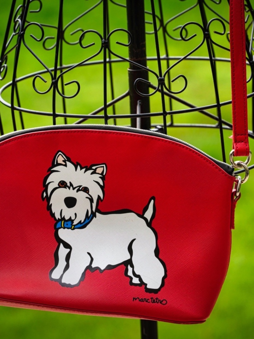 Marc Tetro Red Westie Dog Saffiano Crossbody Purse Bag Dome Shoulder Strap